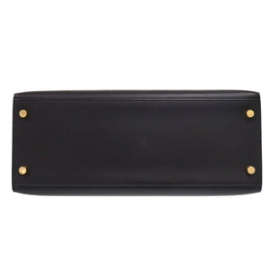 美品 エルメス ケリー28 外縫い ボックスカーフ ブラック ゴールド金具 □G刻印 ハンドバッグ 黒 0186【中古】HERMES