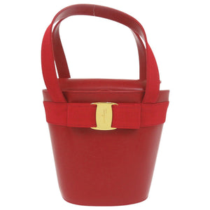 美品 サルヴァトーレフェラガモ ヴァラリボン バケツ型 レザー レッド ハンドバッグ 赤 0407【中古】Salvatore Ferragamo