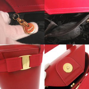 美品 サルヴァトーレフェラガモ ヴァラリボン バケツ型 レザー レッド ハンドバッグ 赤 0407【中古】Salvatore Ferragamo