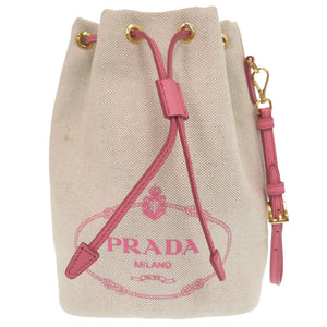新品同様 プラダ 巾着 1NA369 キャンバス ベージュ ピンク ポーチ バッグ 0615【中古】PRADA