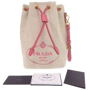 新品同様 プラダ 巾着 1NA369 キャンバス ベージュ ピンク ポーチ バッグ 0615【中古】PRADA