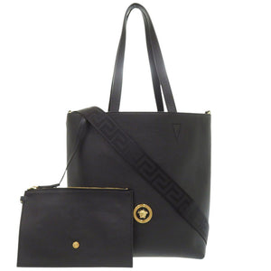 新品同様 ヴェルサーチ 2WAY レザー ブラック トートバッグ 黒 0710【中古】VERSACE