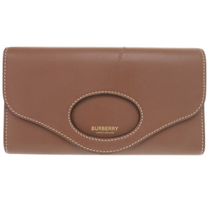 美品 バーバリー ロゴ フラップウォレット レザー ブラウン 長財布 茶 1622【中古】BURBERRY