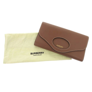美品 バーバリー ロゴ フラップウォレット レザー ブラウン 長財布 茶 1622【中古】BURBERRY