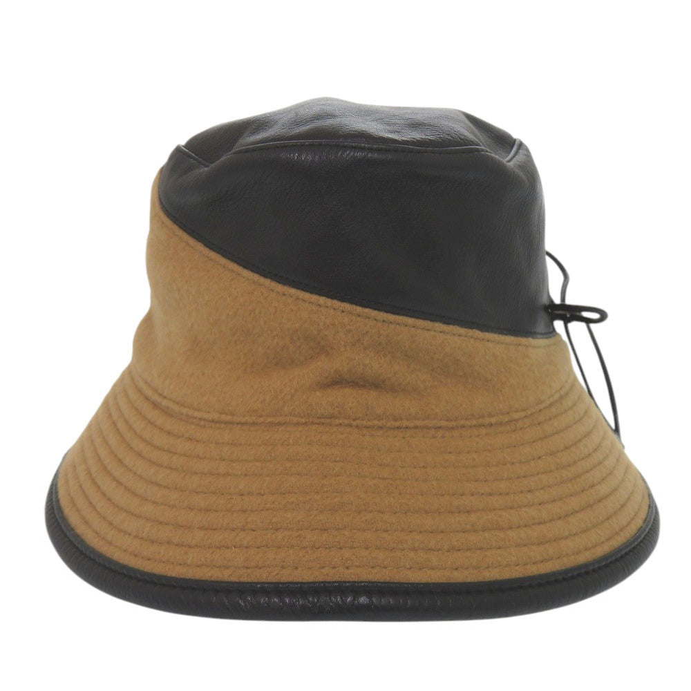 美品 エルメス バケットハット リボン サイズ58 カシミヤ レザー アセテート ブラウン ブラック 茶 黒 帽子 0243【中古】HERMES
