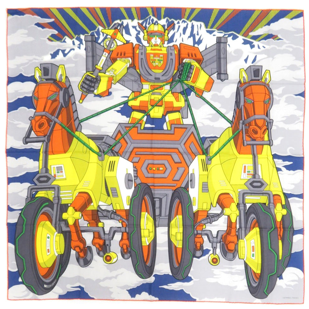 未使用品 エルメス カレH100 Mega Chariot メガ シャリオ 103568T 02 シルク カシミヤ ブルー スカーフ 青 0301【中古】HERMES