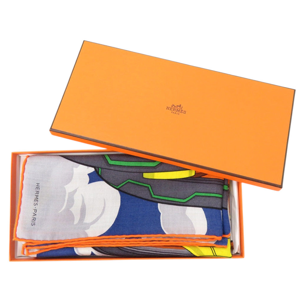 未使用品 エルメス カレH100 Mega Chariot メガ シャリオ 103568T 02 シルク カシミヤ ブルー スカーフ 青 0301【中古】HERMES