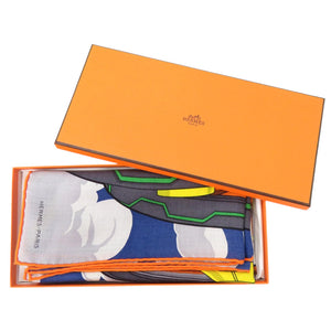 未使用品 エルメス カレH100 Mega Chariot メガ シャリオ 103568T 02 シルク カシミヤ ブルー スカーフ 青 0301【中古】HERMES