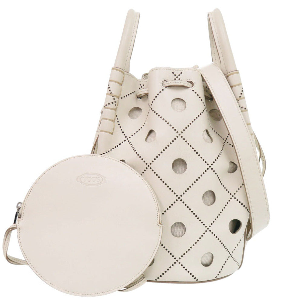 美品 トッズ カットワーク バケットバッグ レザー ホワイト ハンドバッグ 白 0360【中古】TOD’S