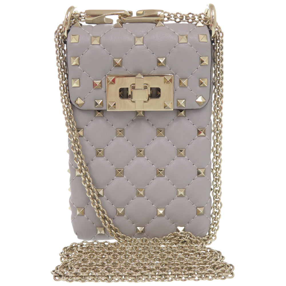 美品 ヴァレンティノ ガラヴァーニ ロックスタッズ ショルダーバッグ フォンケース レザー グレー 0383【中古】Valentino Garavani