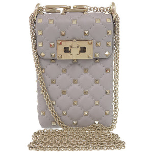 美品 ヴァレンティノ ガラヴァーニ ロックスタッズ ショルダーバッグ フォンケース レザー グレー 0383【中古】Valentino Garavani