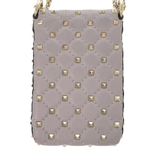 美品 ヴァレンティノ ガラヴァーニ ロックスタッズ ショルダーバッグ フォンケース レザー グレー 0383【中古】Valentino Garavani