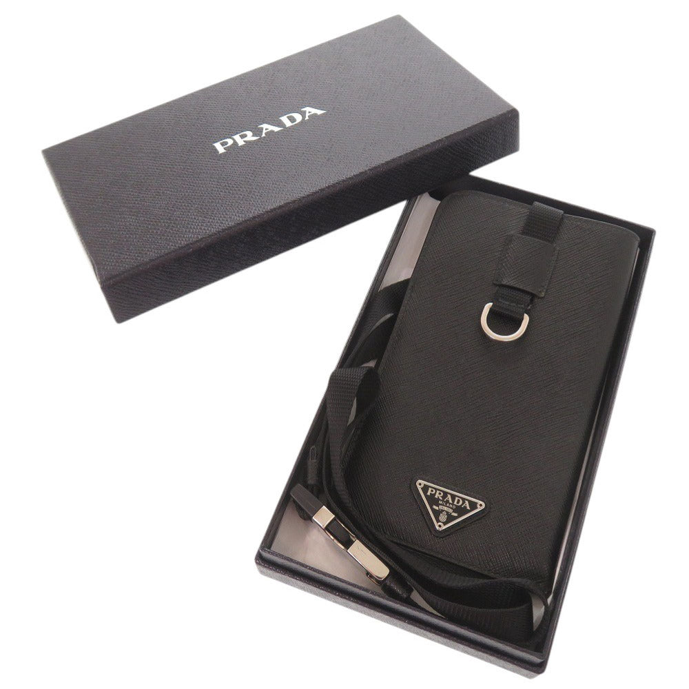 新品同様 プラダ トライアングルロゴ サフィアーノ ブラック フォンケース ネックポーチ 黒 0415【中古】PRADA