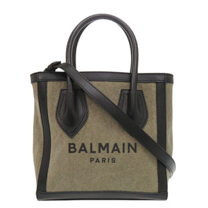 美品 バルマン ロゴ キャンバス レザー カーキ ブラック 2way ハンドバッグ ショルダーバッグ 0429【中古】BALMAIN