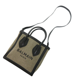 美品 バルマン ロゴ キャンバス レザー カーキ ブラック 2way ハンドバッグ ショルダーバッグ 0429【中古】BALMAIN