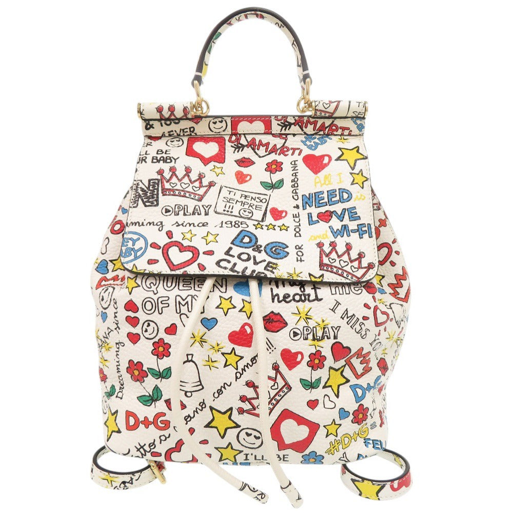 美品 ドルチェアンドガッバーナ シシリー レザー ホワイト マルチカラー リュック デイパック 白 0432【中古】DOLCE&GABBANA