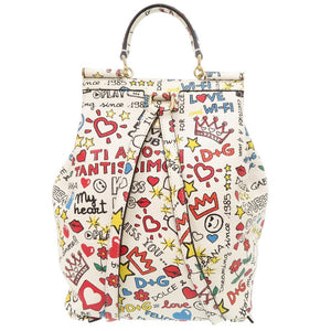 美品 ドルチェアンドガッバーナ シシリー レザー ホワイト マルチカラー リュック デイパック 白 0432【中古】DOLCE&GABBANA