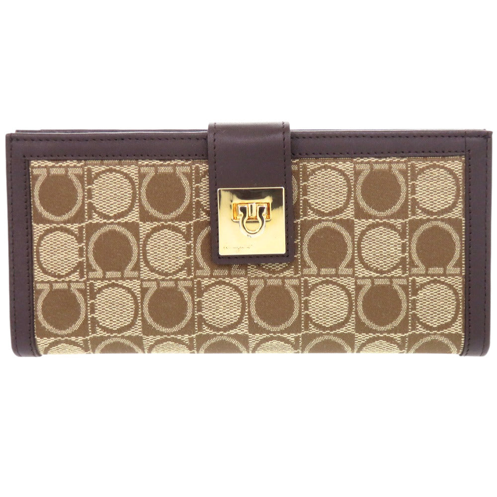 美品 サルヴァトーレフェラガモ ガンチーニ IY211410 ジャガード ブラウン 長財布 0495【中古】Salvatore Ferragamo