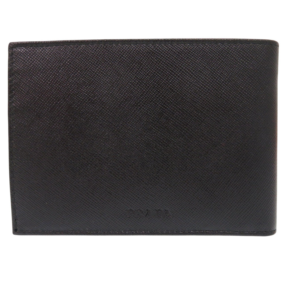 新品同様 プラダ サフィアーノ M738 サフィアーノレザー ブラック 二つ折り財布 黒 0505【中古】PRADA メンズ