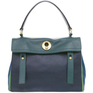 美品 イヴ サンローラン ミューズトゥ レザー グリーン/ネイビー/ブルー ハンドバッグ 0636【中古】YVES SAINT LAURENT