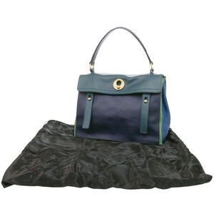 美品 イヴ サンローラン ミューズトゥ レザー グリーン/ネイビー/ブルー ハンドバッグ 0636【中古】YVES SAINT LAURENT
