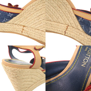 ルイ ヴィトン モノグラムデニム 麻 サイズ37 ブルー ベージュ ウェッジソール サンダル LV 0734【中古】LOUIS VUITTON