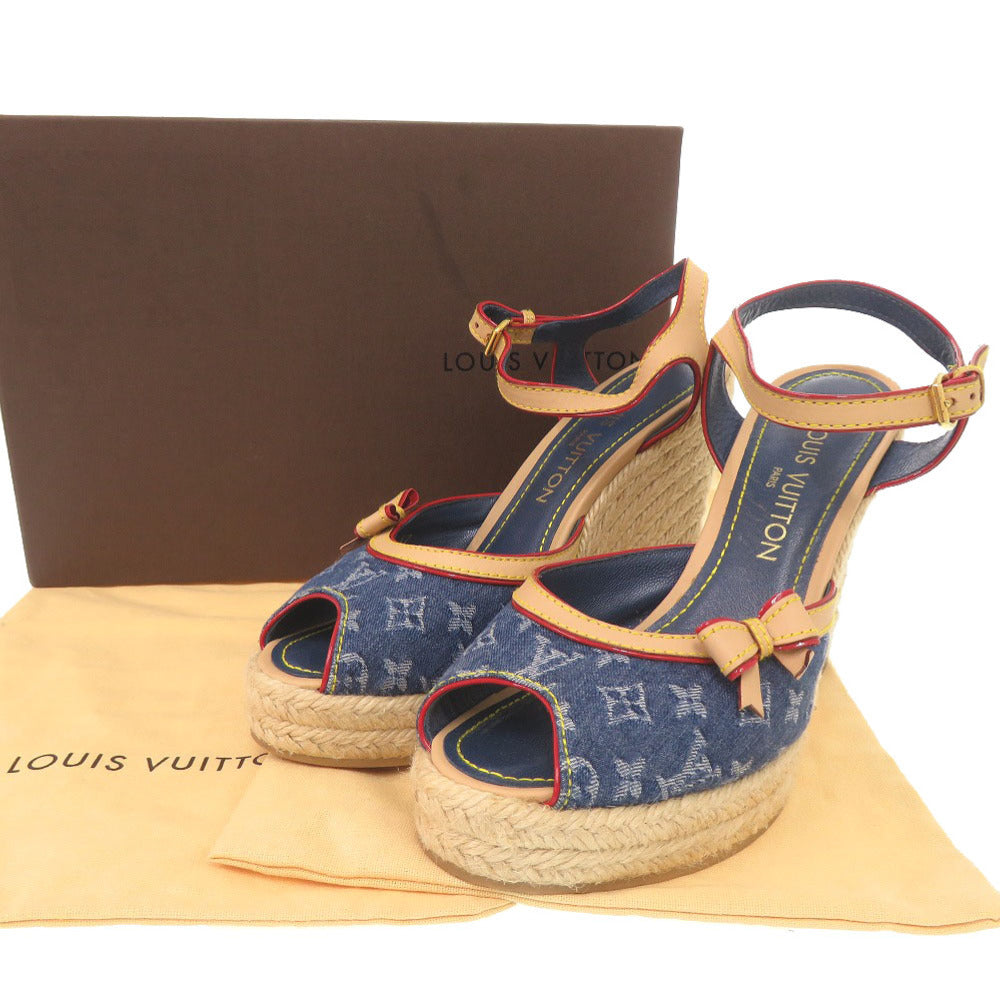 ルイ ヴィトン モノグラムデニム 麻 サイズ37 ブルー ベージュ ウェッジソール サンダル LV 0734【中古】LOUIS VUITTON