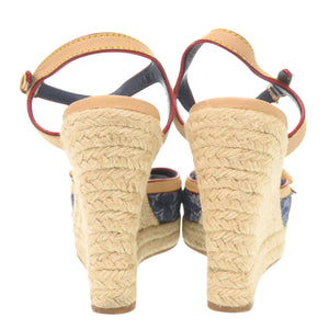 ルイ ヴィトン モノグラムデニム 麻 サイズ37 ブルー ベージュ ウェッジソール サンダル LV 0734【中古】LOUIS VUITTON