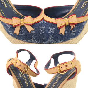 ルイ ヴィトン モノグラムデニム 麻 サイズ37 ブルー ベージュ ウェッジソール サンダル LV 0734【中古】LOUIS VUITTON