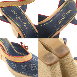 ルイ ヴィトン モノグラムデニム 麻 サイズ37 ブルー ベージュ ウェッジソール サンダル LV 0734【中古】LOUIS VUITTON
