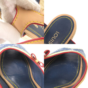 ルイ ヴィトン モノグラムデニム 麻 サイズ37 ブルー ベージュ ウェッジソール サンダル LV 0734【中古】LOUIS VUITTON