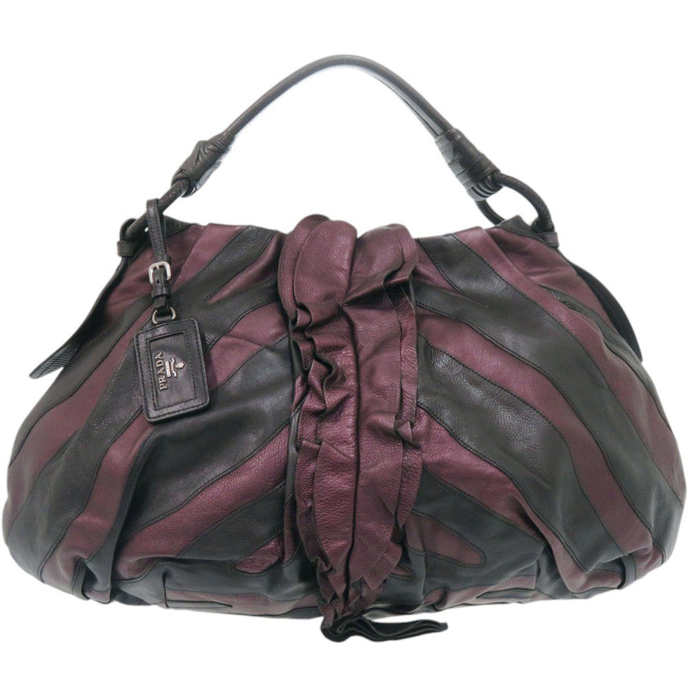 美品 プラダ VITELLINO MORDO BR3984 レザー パープル/ブラック ハンドバッグ 紫 黒 0800【中古】PRADA