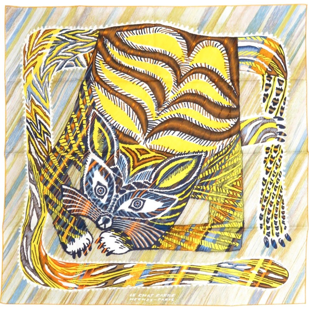 未使用品 エルメス カレ90 ダブルフェイス LE CHAT CARRE シルク ジョーヌ スカーフ 黄色 0833【中古】HERMES