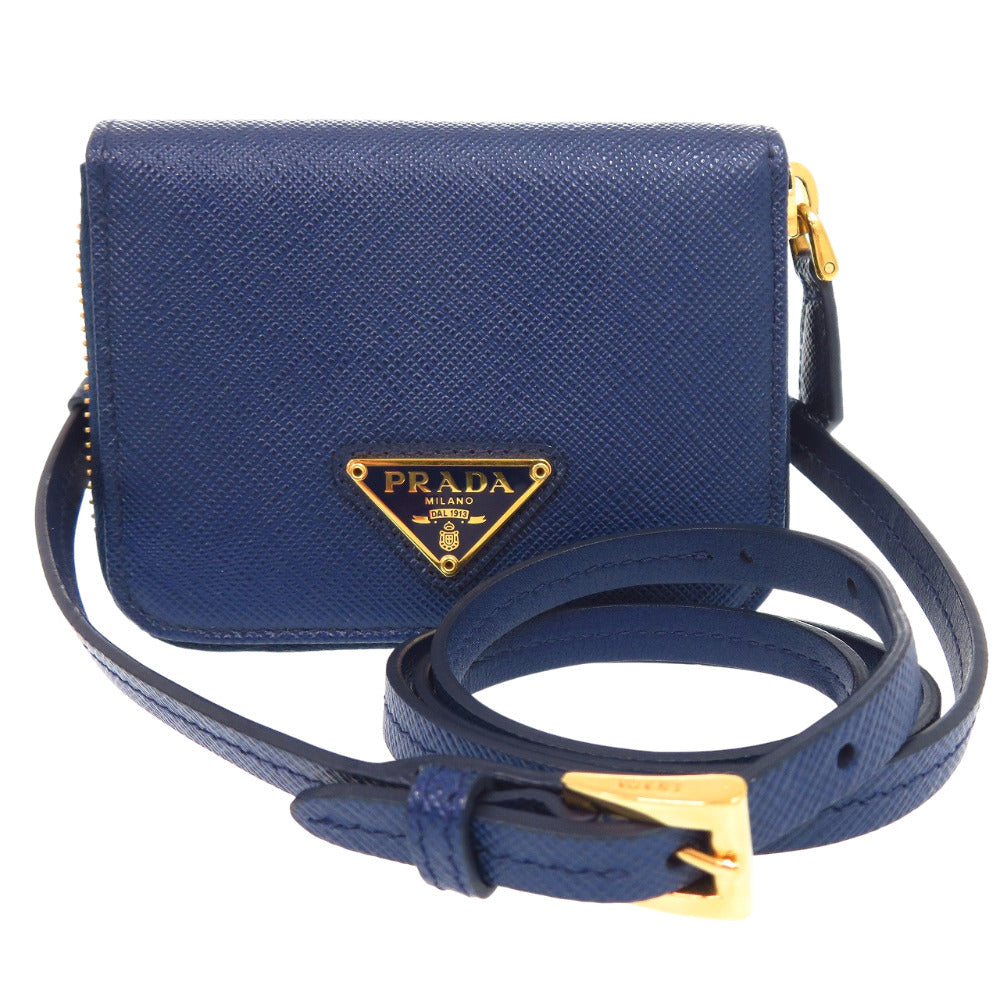 美品 プラダ サフィアーノ トライアングル レザー ショルダーウォレット コインケース ネイビー 紺 0847【中古】PRADA