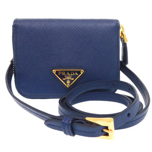 美品 プラダ サフィアーノ トライアングル レザー ショルダーウォレット コインケース ネイビー 紺 0847【中古】PRADA