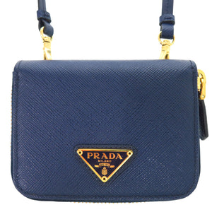 美品 プラダ サフィアーノ トライアングル レザー ショルダーウォレット コインケース ネイビー 紺 0847【中古】PRADA
