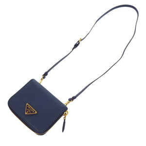 美品 プラダ サフィアーノ トライアングル レザー ショルダーウォレット コインケース ネイビー 紺 0847【中古】PRADA