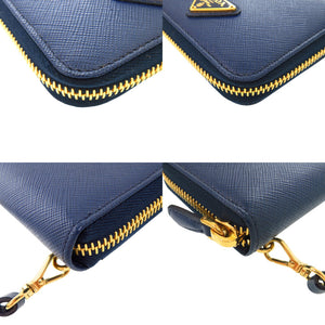美品 プラダ サフィアーノ トライアングル レザー ショルダーウォレット コインケース ネイビー 紺 0847【中古】PRADA