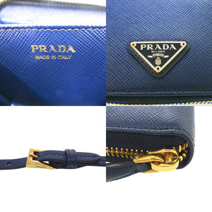 美品 プラダ サフィアーノ トライアングル レザー ショルダーウォレット コインケース ネイビー 紺 0847【中古】PRADA