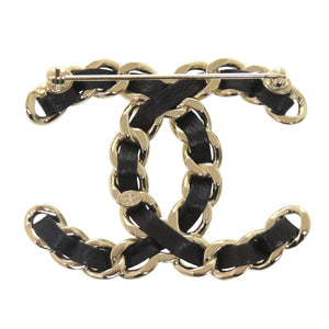 新品同様 シャネル ココマーク チェーンモチーフ ブローチ レザー ブラック アクセサリー 0863 【中古】 CHANEL