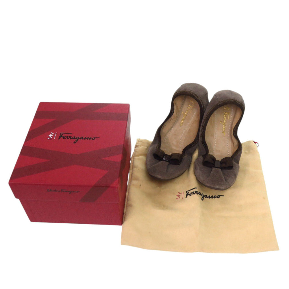 美品 サルヴァトーレフェラガモ バレエシューズ MY JOY リボン スウェード ブラウン 0942【中古】Salvatore Ferragamo