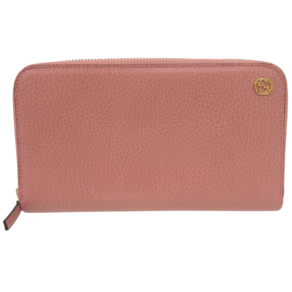 美品 グッチ ラウンドファスナー インターロッキング 449347 525040 長財布 カーフ ピンク 0948【中古】GUCCI