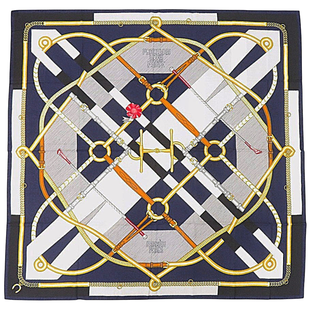 新品同様 エルメス カレ140 PARCOURS SANS FAUTE 完璧なコース 242992S カシミヤ シルク マリン スカーフ 青 0999【中古】HERMES