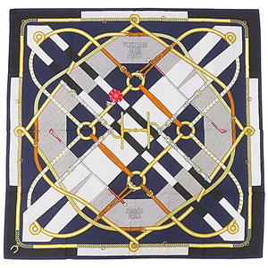 新品同様 エルメス カレ140 PARCOURS SANS FAUTE 完璧なコース 242992S カシミヤ シルク マリン スカーフ 青 0999【中古】HERMES