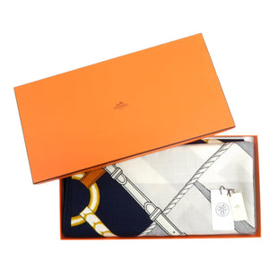 新品同様 エルメス カレ140 PARCOURS SANS FAUTE 完璧なコース 242992S カシミヤ シルク マリン スカーフ 青 0999【中古】HERMES