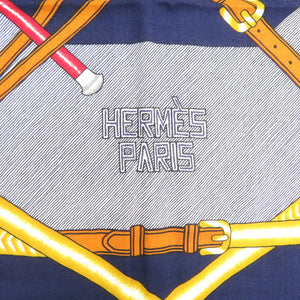 新品同様 エルメス カレ140 PARCOURS SANS FAUTE 完璧なコース 242992S カシミヤ シルク マリン スカーフ 青 0999【中古】HERMES