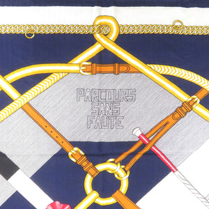 新品同様 エルメス カレ140 PARCOURS SANS FAUTE 完璧なコース 242992S カシミヤ シルク マリン スカーフ 青 0999【中古】HERMES