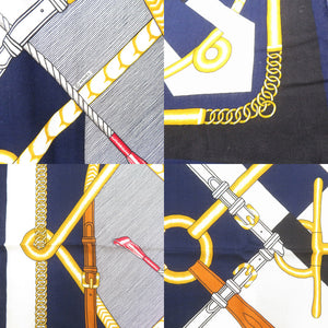 新品同様 エルメス カレ140 PARCOURS SANS FAUTE 完璧なコース 242992S カシミヤ シルク マリン スカーフ 青 0999【中古】HERMES