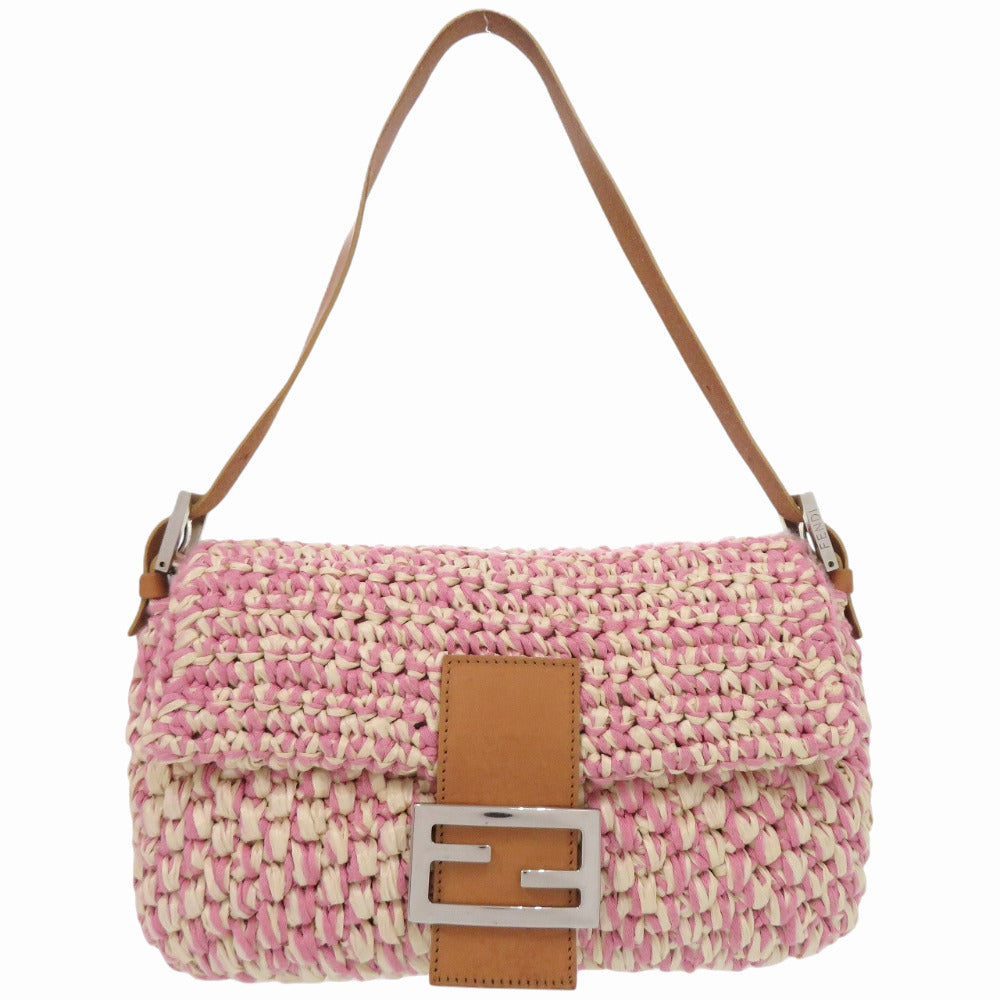 フェンディ ワンショルダーバッグ マンマバケット 16059 ストロー コットン レザー ピンク ハンドバッグ 1004【中古】FENDI