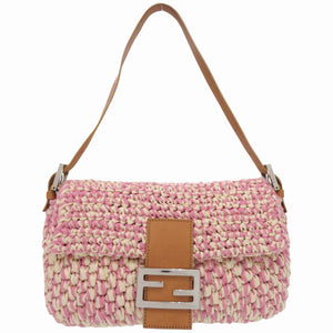フェンディ ワンショルダーバッグ マンマバケット 16059 ストロー コットン レザー ピンク ハンドバッグ 1004【中古】FENDI